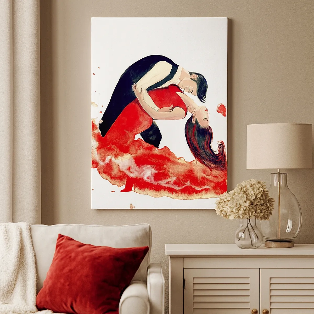 Impression sur toile - Image sur toile - Une aquarelle dynamique d'un couple dansant aux couleurs rouges. - 50x70cm - Tango - une vague sensuelle - Décoration murale moderne pour le salon et la chambre ARTTOR