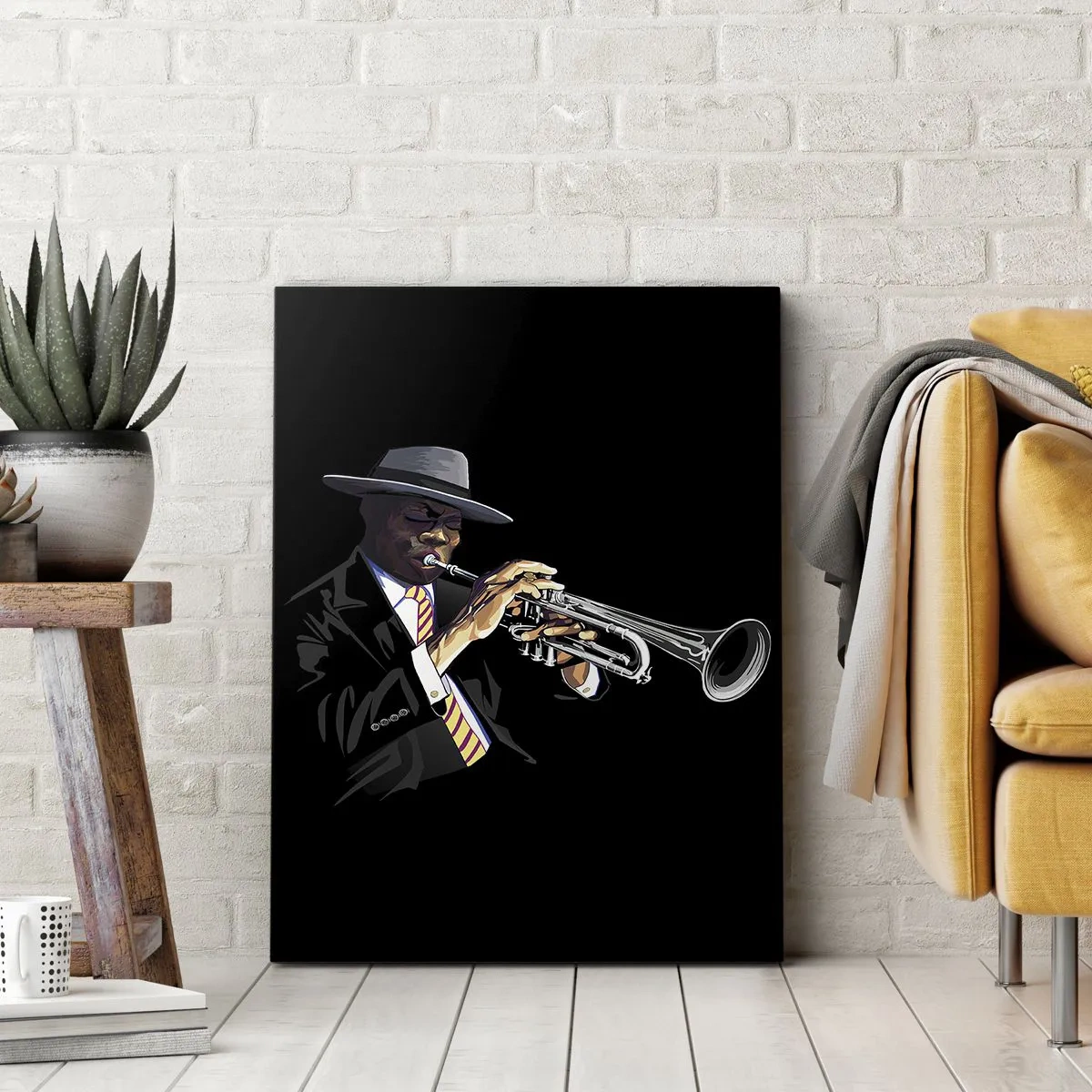 Impression sur toile - Image sur toile - Un musicien jouant de la trompette sur un fond noir - 70x100cm - Le charme de la vieille école - Décoration murale moderne pour le salon et la chambre ARTTOR