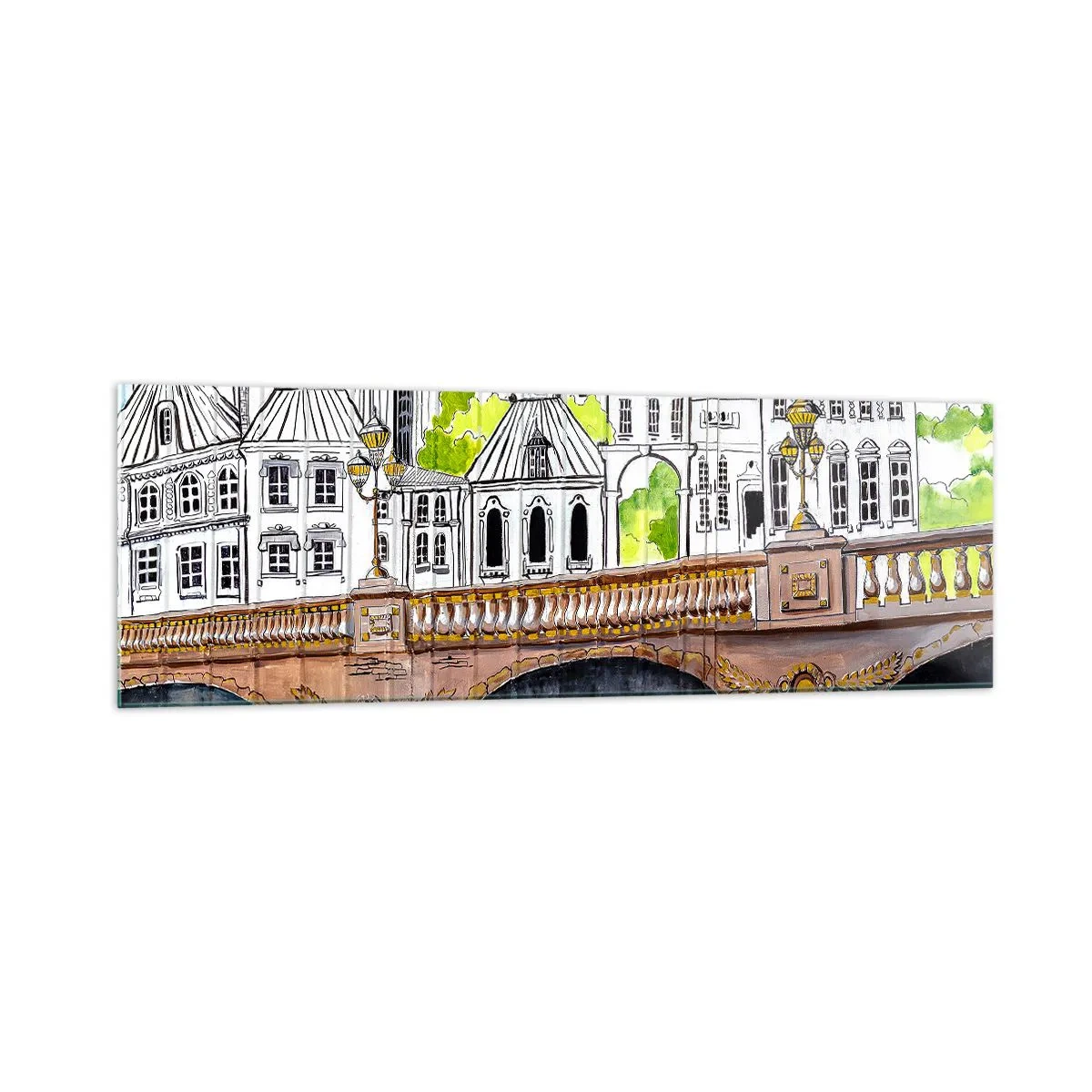 Impression sur verre - Image sur verre - Dessin du pont et de l'architecture urbaine historique - 160x50cm - Une ville comme peinte - Décoration murale moderne pour le salon et la chambre ARTTOR