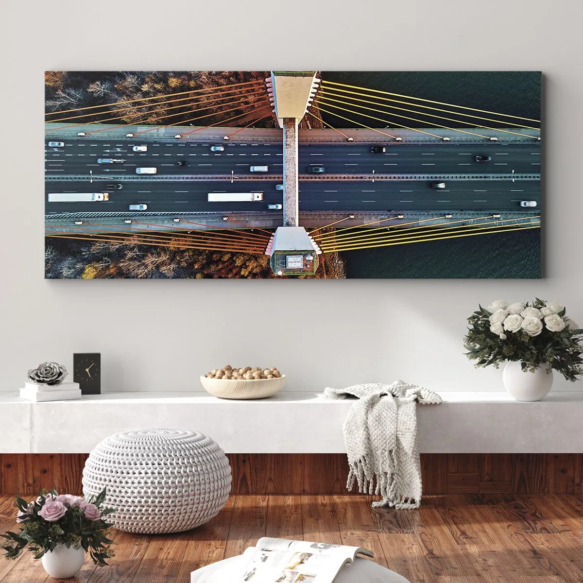 Impression sur toile - Image sur toile - Vue aérienne du pont sur la rivière et du paysage d'automne - 120x50cm - Au dessus de l'eau et de la forêt - Décoration murale moderne pour le salon et la chambre ARTTOR