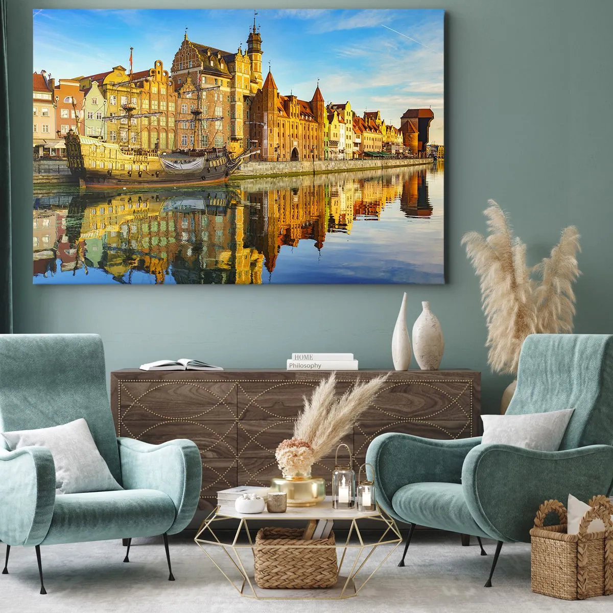 Impression sur toile - Image sur toile - Une vue pittoresque de la vieille ville avec un voilier et de l'eau - 100x70cm - Reflet dans le miroir du passé - Décoration murale moderne pour le salon et la chambre ARTTOR