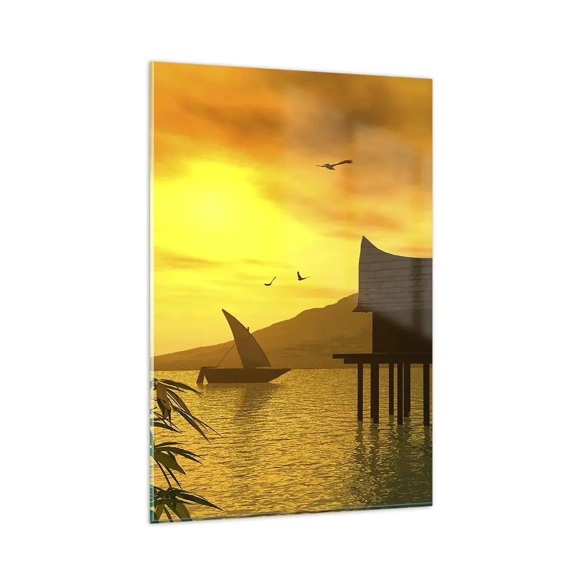 Impression sur verre - Image sur verre - Coucher de soleil tropical sur l'eau avec une maison en bois sur pilotis. - 80x120cm - La paix tant désirée - Décoration murale moderne pour le salon et la chambre ARTTOR