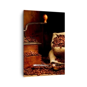 Impression sur toile - Image sur toile - Un vieux moulin à café avec des grains et un sac dans un style rustique. - 70x100cm - Nature morte avec grains de café et moulin - Décoration murale moderne pour le salon et la chambre ARTTOR
