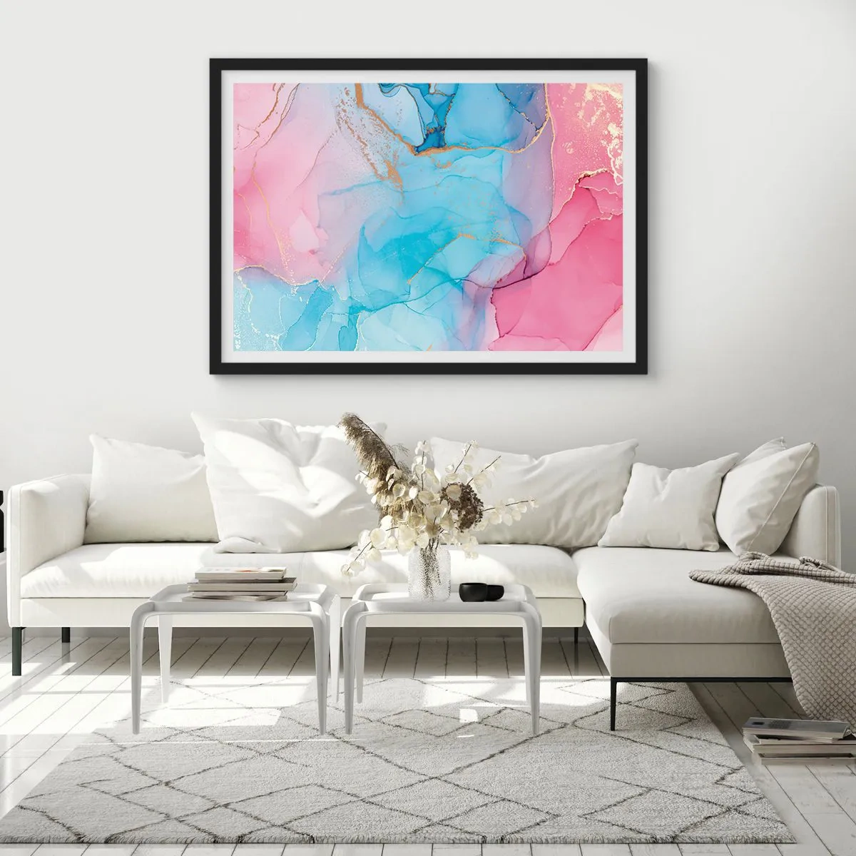 Affiche dans un cadre noir - Poster - Motifs pastel abstraits avec des accents dorés - 70x50cm - Rencontre et mélange - Décoration murale moderne pour le salon et la chambre ARTTOR
