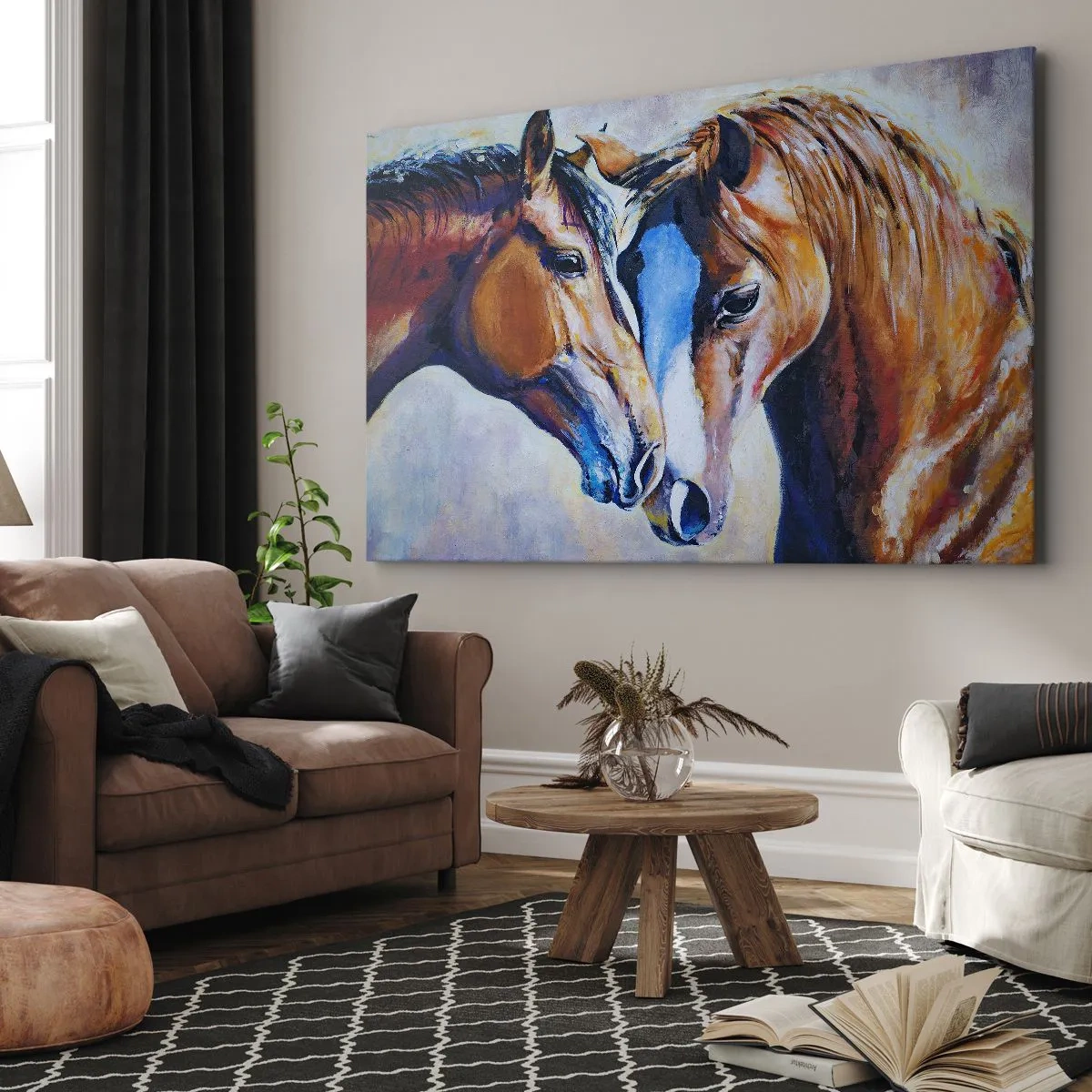 Impression sur toile - Image sur toile - Une représentation picturale de deux chevaux dans un cadre convivial. - 70x50cm - Est-ce de l'amitié ? Ou de l'amour ? - Décoration murale moderne pour le salon et la chambre ARTTOR