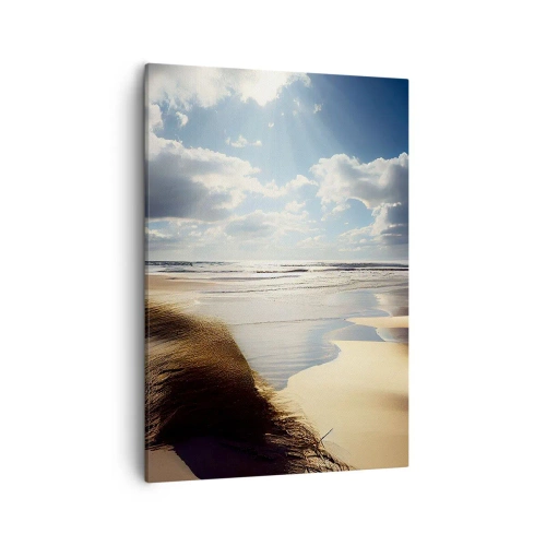 Impression sur toile - Image sur toile - Une plage sauvage avec des dunes et un ciel bleu - 50x70cm - Plage, plage sauvage - Décoration murale moderne pour le salon et la chambre ARTTOR