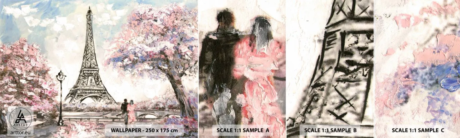 Échantillon de Papier Peint Autocollant Deluxe Sticker - Balade d'avril à Paris - Ville, tour Eiffel, Allée du parc - 100x30 cm