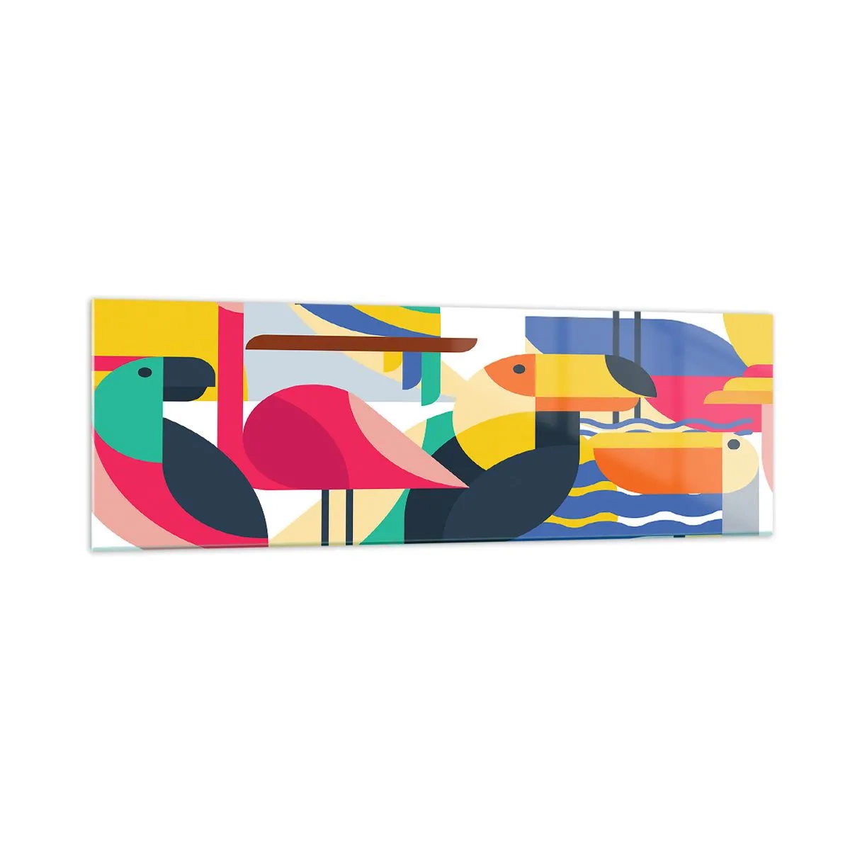 Impression sur verre - Image sur verre - Oiseaux colorés dans une composition abstraite et géométrique - 160x50cm - Fête des oiseaux - Décoration murale moderne pour le salon et la chambre ARTTOR