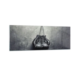 Impression sur verre - Image sur verre - De vieux gants de boxe contre le mur - 140x50cm - Un temps pour se battre et un temps pour la paix - Décoration murale moderne pour le salon et la chambre ARTTOR