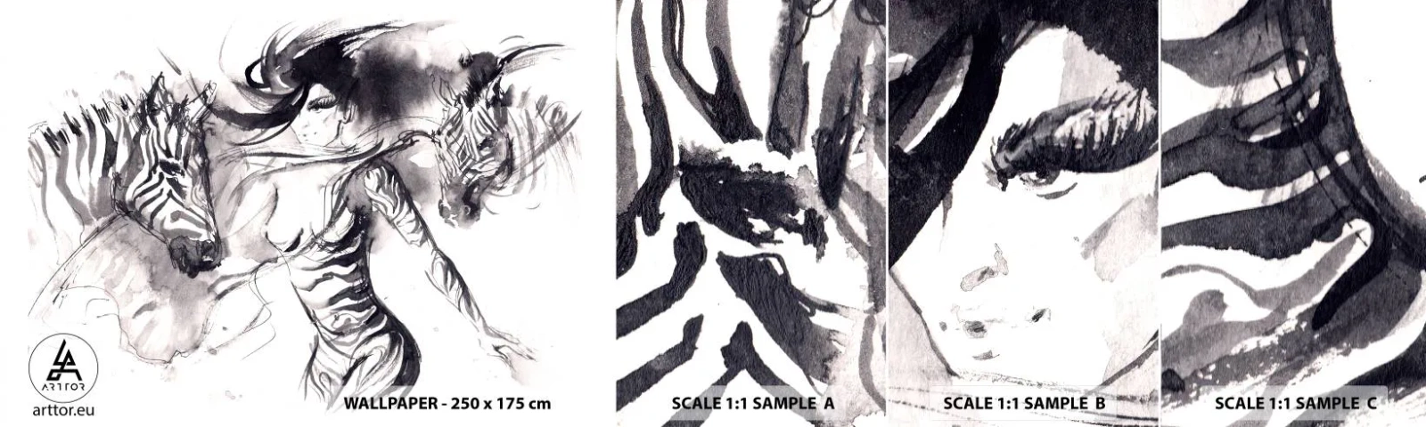 Échantillon de Papier Peint Autocollant Deluxe Sticker - Danse avec les zèbres - Abstraction, Femme, Côtes - 100x30 cm