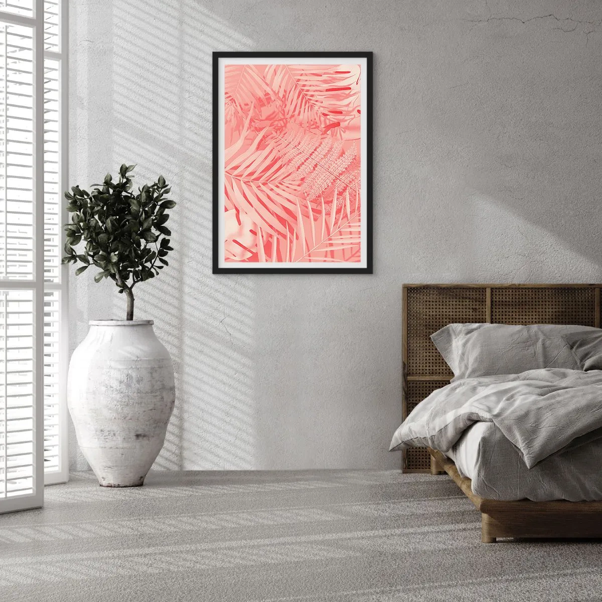 Affiche dans un cadre noir - Poster - Fougère rose et feuilles de palmier sur fond pastel - 50x70cm - Concept de rose - Décoration murale moderne pour le salon et la chambre ARTTOR