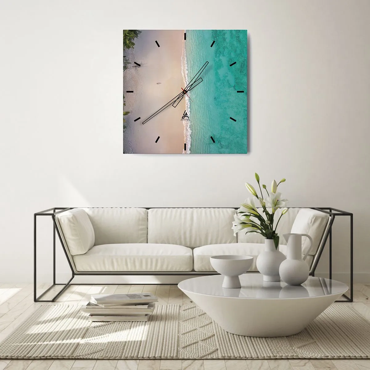 Horloge murale - Pendule murale - Vue aérienne d'une plage tropicale aux eaux turquoises - 30x30cm - Plage paradisiaque - Décoration murale moderne pour le salon et la chambre ARTTOR