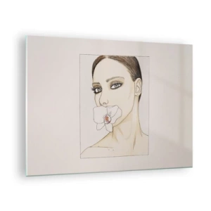 Impression sur verre - Image sur verre - Portrait d'une femme avec une orchidée dans la bouche sur un fond clair - 70x50cm - Symbole de l'élégance et de la beauté - Décoration murale moderne pour le salon et la chambre ARTTOR