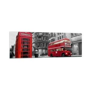 Impression sur verre - Image sur verre - Une cabine téléphonique rouge et un bus à impériale à Londres avec la ville en arrière-plan - 160x50cm - Le plus rouge d'Europe - Décoration murale moderne pour le salon et la chambre ARTTOR