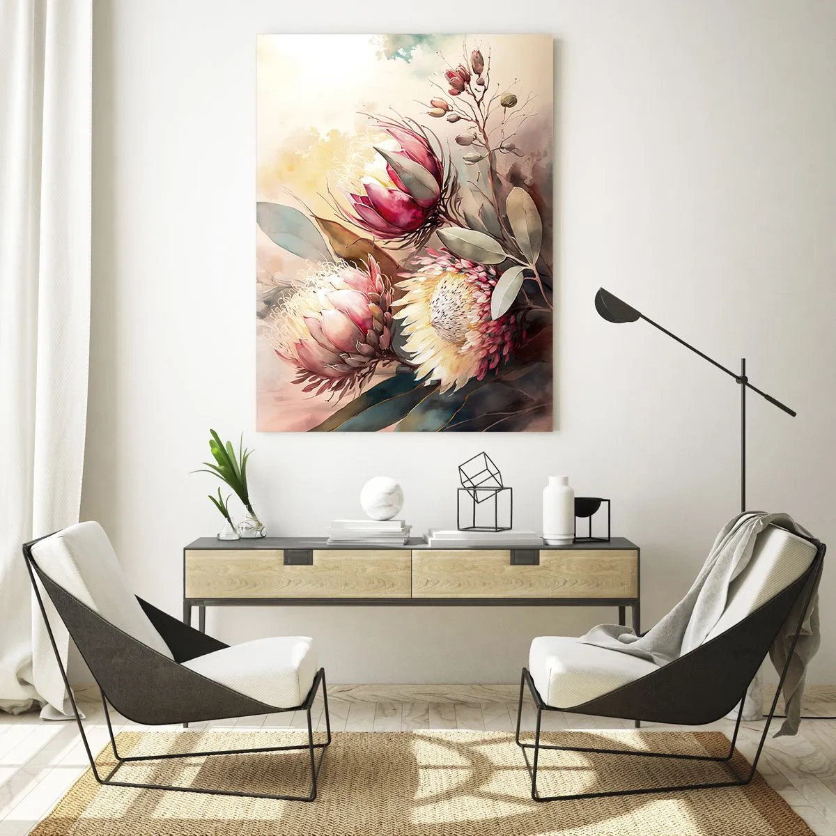 Impression sur verre - Image sur verre - Fleurs de Protea aux tons pastel délicats - 70x100cm - De profil et de face - Décoration murale moderne pour le salon et la chambre ARTTOR