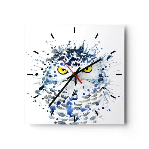 Horloge murale - Pendule murale - Portrait abstrait d'un hibou aux couleurs bleu et jaune - 30x30cm - Droit dans les yeux - Décoration murale moderne pour le salon et la chambre ARTTOR
