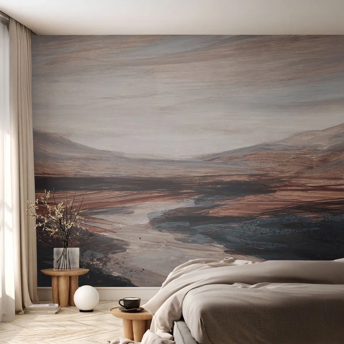 Papier Peint Photo Premium Sand - Une vallée pittoresque avec une rivière aux tons bruns et bleus - 100x70cm - Une vallée tranquille - Décoration murale moderne pour le salon et la chambre ARTTOR