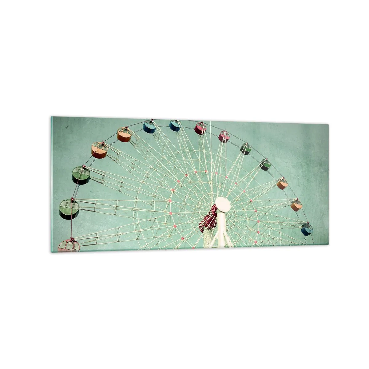 Impression sur verre - Image sur verre - Une grande roue colorée contre un ciel bleu dans un style rétro - 120x50cm - Nous vous invitons à vous amuser - Décoration murale moderne pour le salon et la chambre ARTTOR