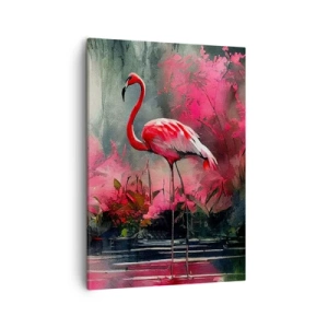 Impression sur toile - Image sur toile - Flamants roses au bord de l'eau entourés de végétation - 50x70cm - Une leçon de grâce naturelle - Décoration murale moderne pour le salon et la chambre ARTTOR