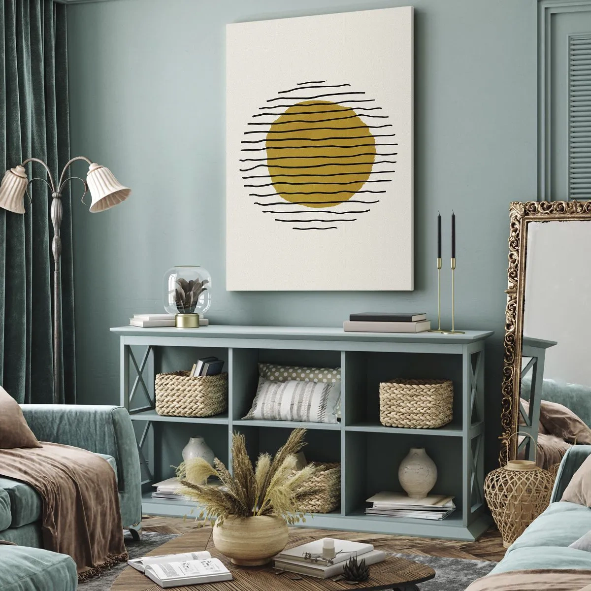 Impression sur toile - Image sur toile - Un motif minimaliste avec un cercle jaune et des lignes noires. - 50x70cm - Abstraction tremblante de chaleur - Décoration murale moderne pour le salon et la chambre ARTTOR