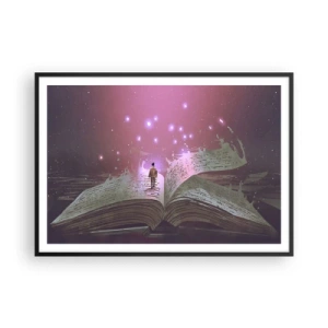 Affiche dans un cadre noir - Poster - Une silhouette marche sur un livre ouvert dans une lumière magique. - 100x70cm - Invitation à un autre monde - lisez ! - Décoration murale moderne pour le salon et la chambre ARTTOR