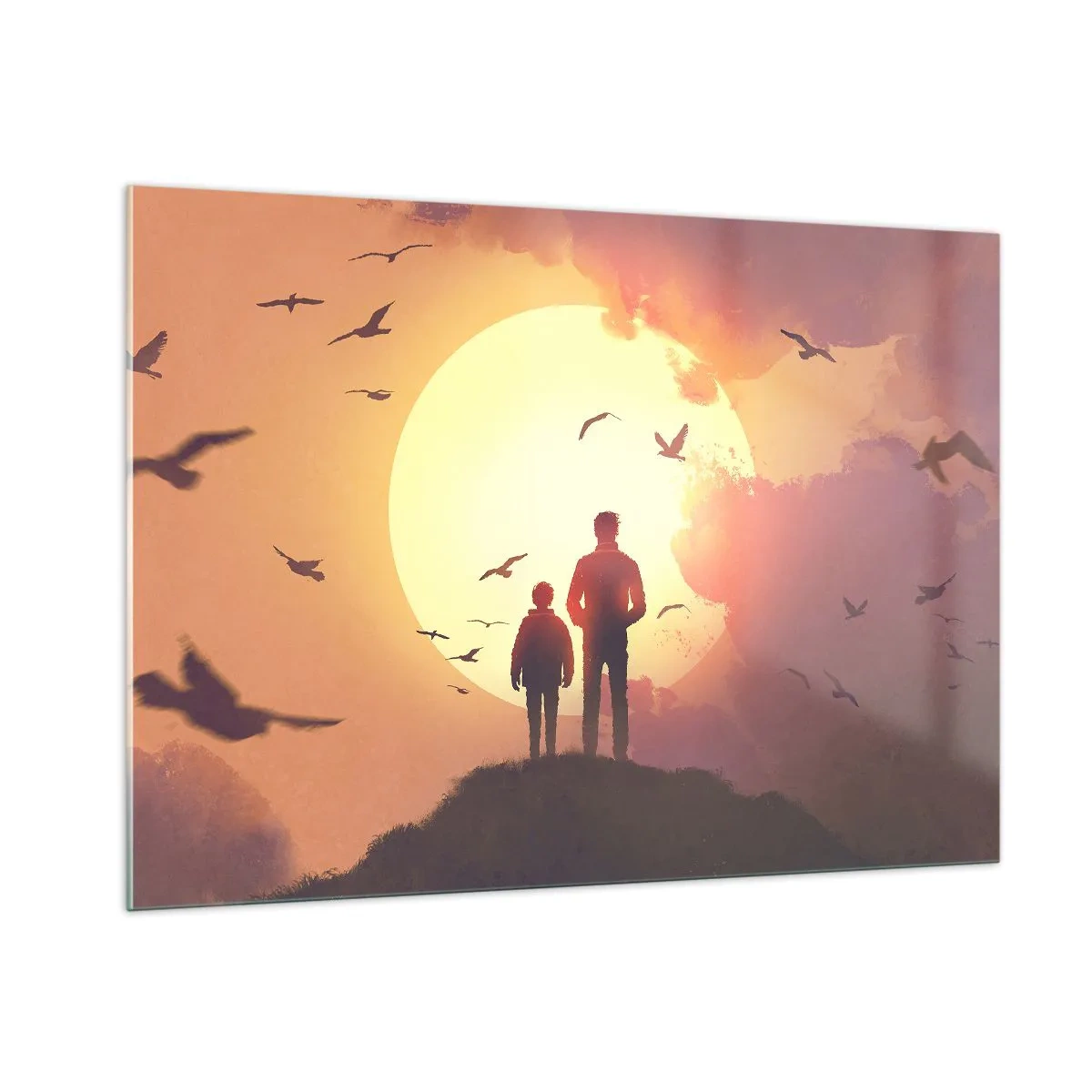 Impression sur verre - Image sur verre - Figures d'un père et de son fils debout sur fond de soleil couchant et d'oiseaux en vol - 100x70cm - Face à face avec le soleil - Décoration murale moderne pour le salon et la chambre ARTTOR