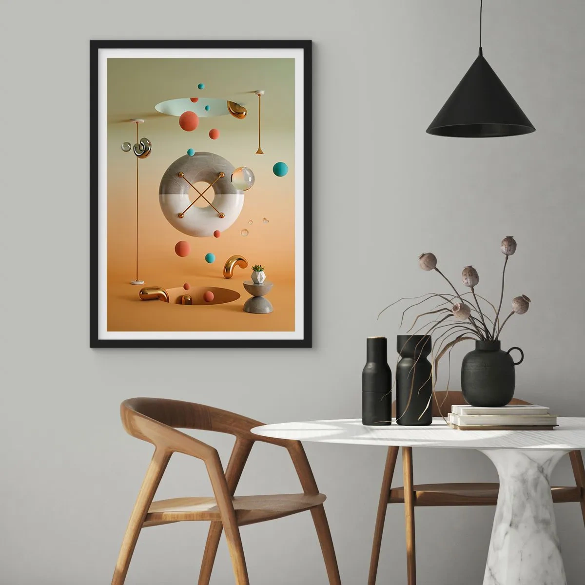Affiche dans un cadre noir - Poster - Une composition abstraite de formes géométriques aux couleurs chaudes. - 50x70cm - Tout peut arriver - Décoration murale moderne pour le salon et la chambre ARTTOR