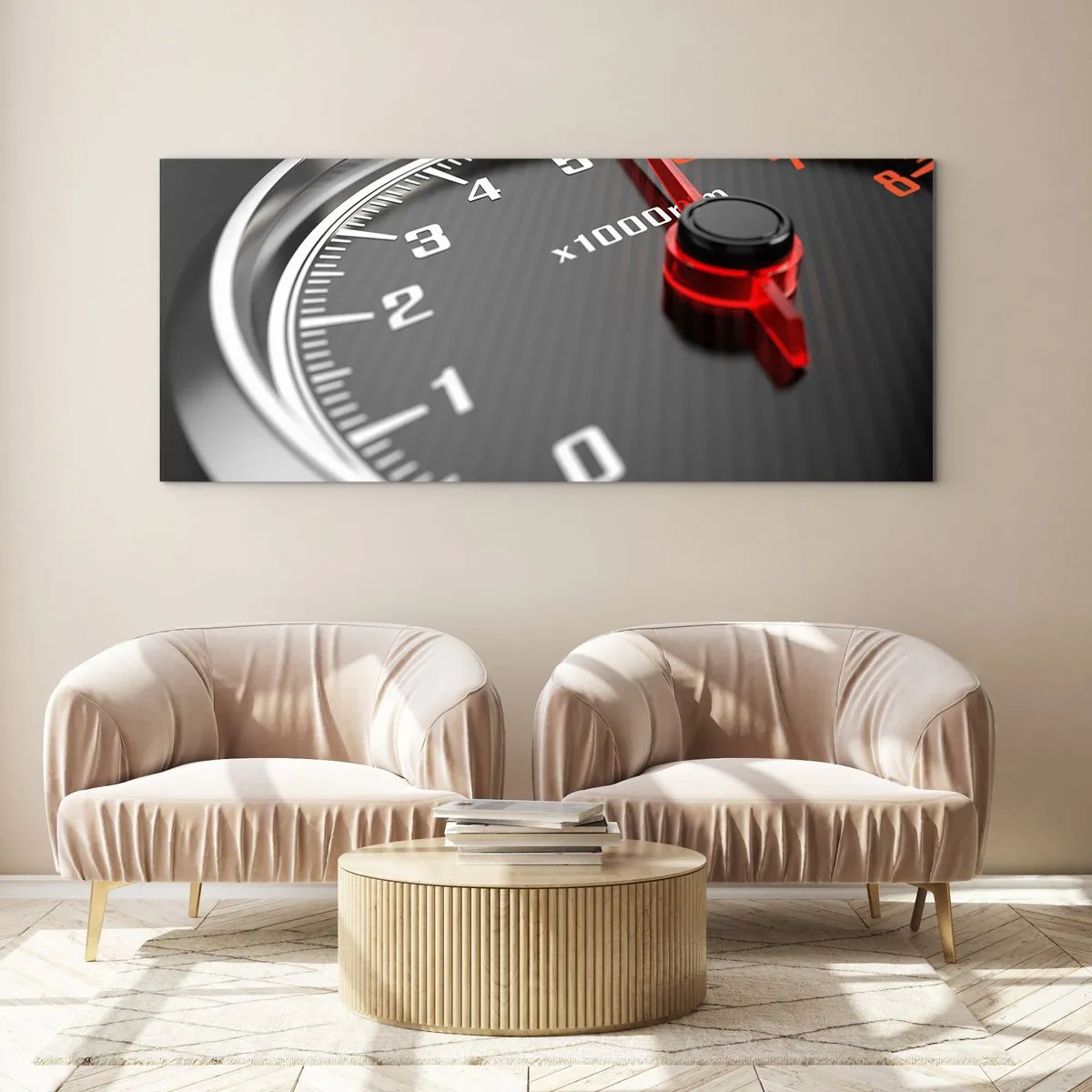 Impression sur verre - Image sur verre - Gros plan du tachymètre avec l'aiguille rouge - 140x50cm - Faites le plein - Décoration murale moderne pour le salon et la chambre ARTTOR