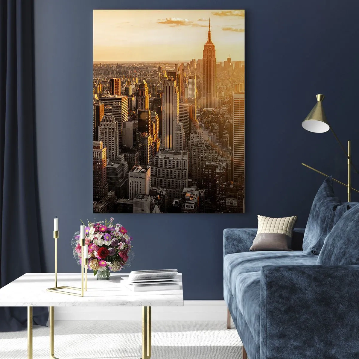 Impression sur verre - Image sur verre - Skyline de New York au coucher du soleil avec vue sur l'Empire State Building - 80x120cm - Grandir au soleil - Décoration murale moderne pour le salon et la chambre ARTTOR