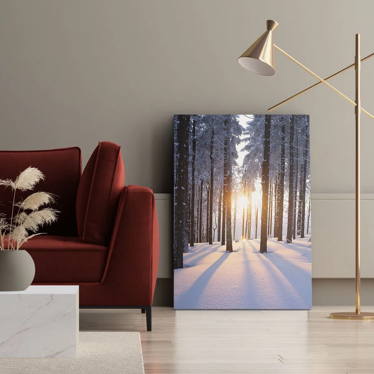 Impression sur toile - Image sur toile - Forêt d'hiver illuminée par les rayons du soleil - 70x100cm - Clairement en noir et blanc - Décoration murale moderne pour le salon et la chambre ARTTOR