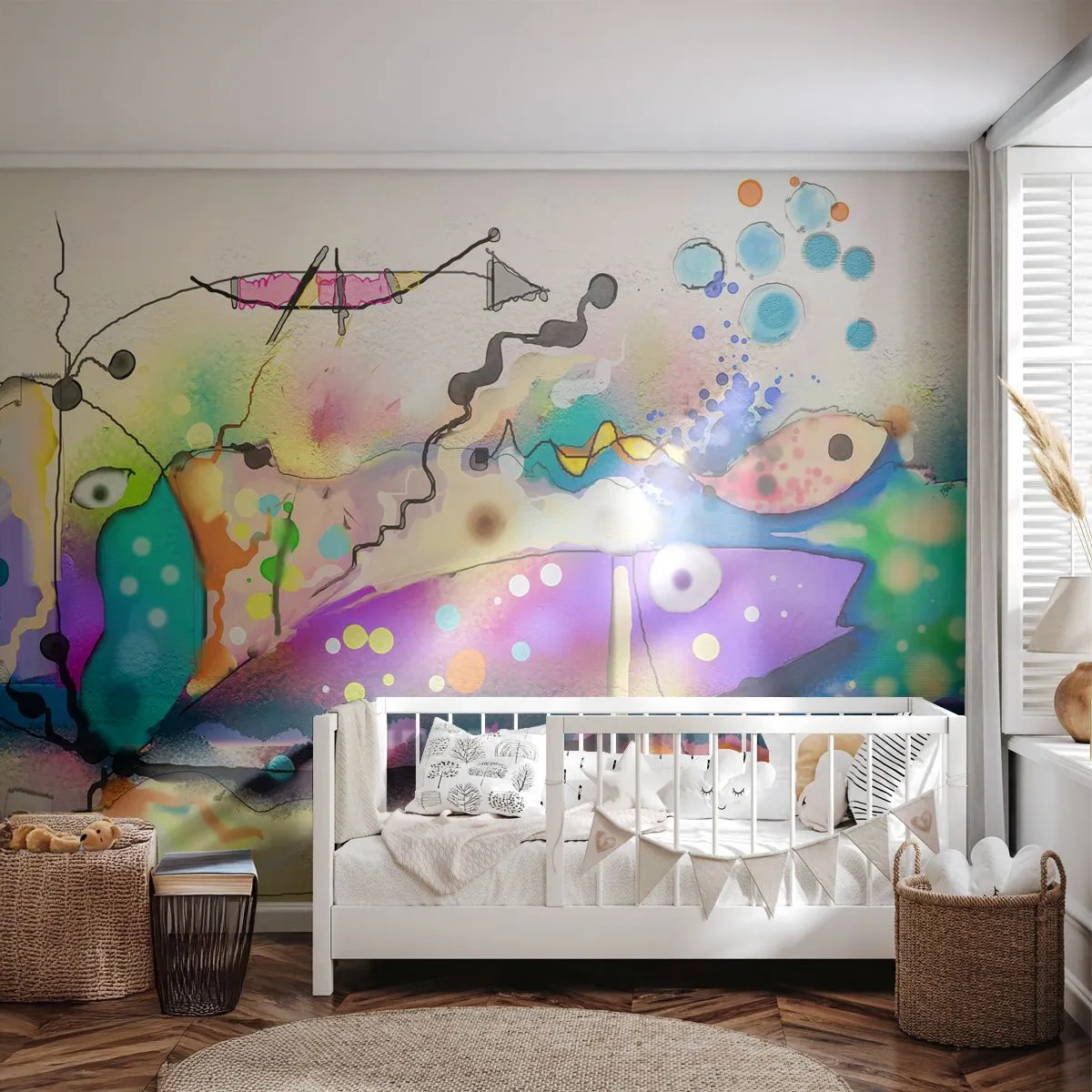Papier Peint Photo Premium Sand - Abstraction colorée avec des poissons et des lignes surréalistes - 100x70cm - Sans mots! - Décoration murale moderne pour le salon et la chambre ARTTOR