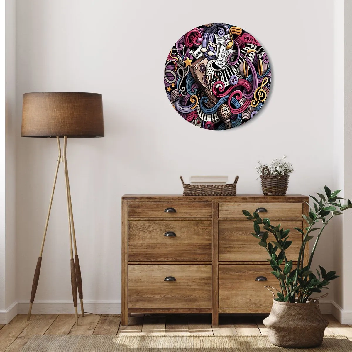 Horloge murale - Pendule murale - Composition abstraite de motifs musicaux et d'instruments - 30x30cm - Mélodie compliquée - Décoration murale moderne pour le salon, la cuisine et la chambre ARTTOR