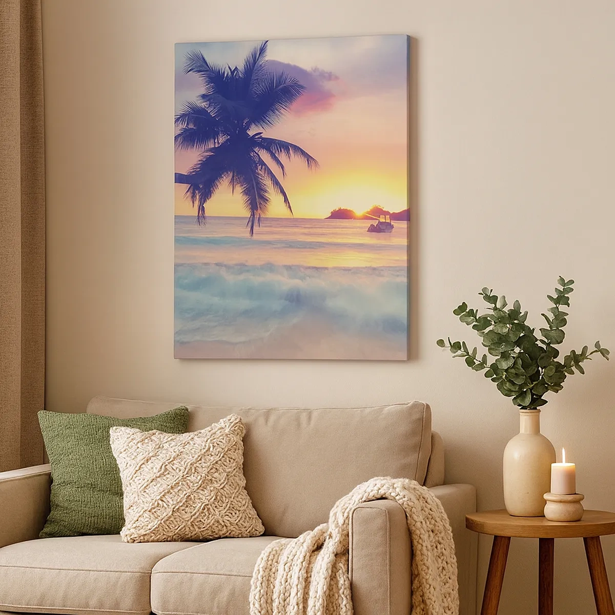 Impression sur toile - Image sur toile - Plage avec un palmier et un coucher de soleil sur l'océan - 50x70cm - Une soirée à la baie - Décoration murale moderne pour le salon et la chambre ARTTOR