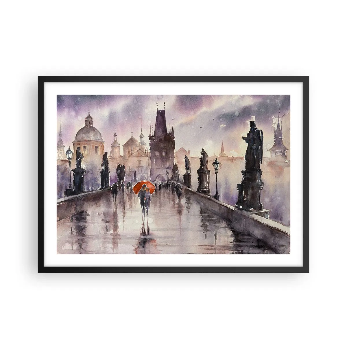 Affiche dans un cadre noir - Poster - Vue romantique d'un pont avec un parapluie sur fond de ville en soirée - 70x50cm - Les gens ne changent pas - Décoration murale moderne pour le salon et la chambre ARTTOR