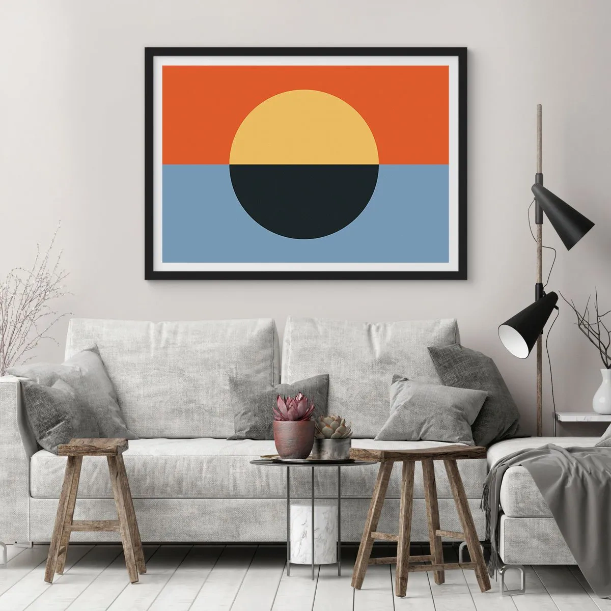 Affiche dans un cadre noir - Poster - Abstraction géométrique aux couleurs contrastées - 100x70cm - Composition de chaleur et de fraîcheur - Décoration murale moderne pour le salon et la chambre ARTTOR