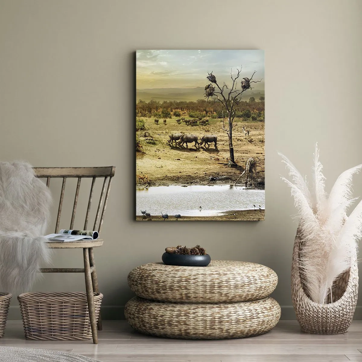 Impression sur toile - Image sur toile - Éléphants et animaux sauvages à un point d'eau au coucher du soleil - 70x100cm - "Et d'Eden coulait une rivière..." - Décoration murale moderne pour le salon et la chambre ARTTOR