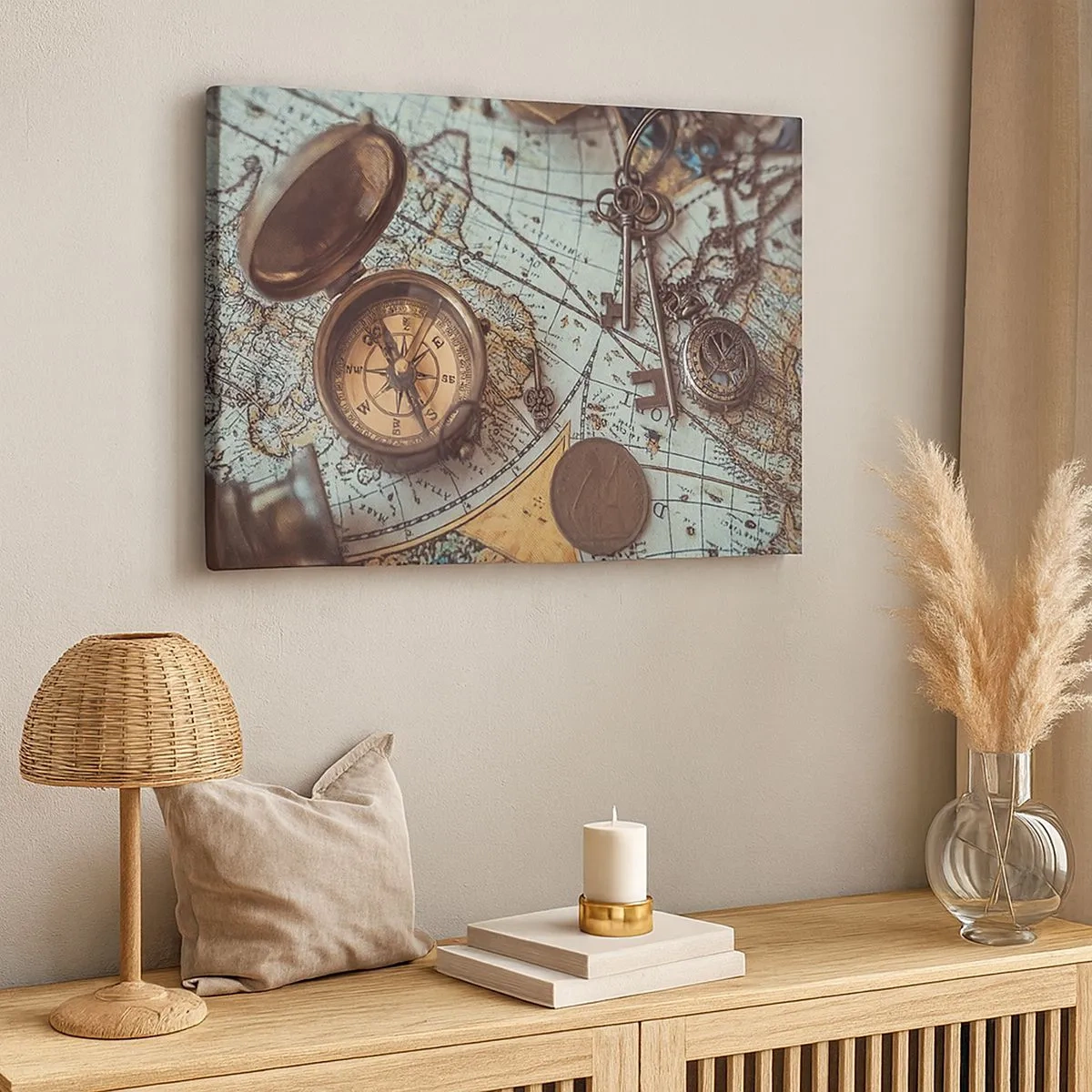 Impression sur toile - Image sur toile - Composition avec une boussole, des clés et une vieille carte dans un style rétro - 70x50cm - Pour ceux qui recherche l'aventure - Décoration murale moderne pour le salon et la chambre ARTTOR