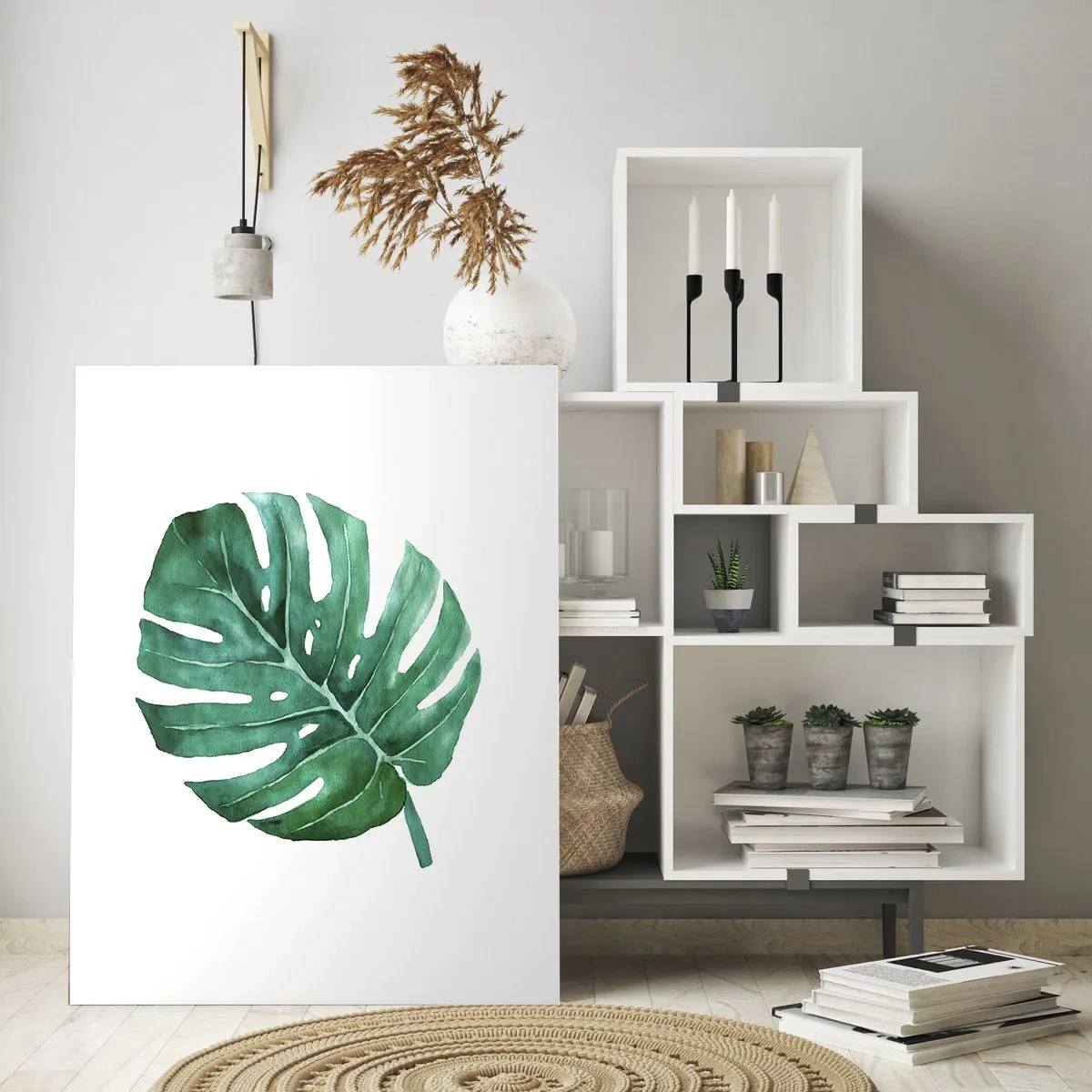 Impression sur verre - Image sur verre - Feuille de monstera verte sur fond blanc - 50x70cm - Concept vert - Décoration murale moderne pour le salon et la chambre ARTTOR