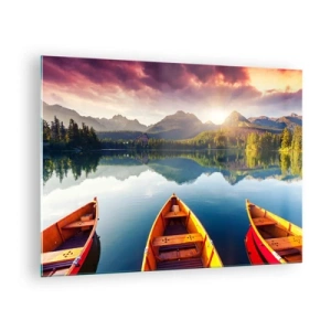 Impression sur verre - Image sur verre - Trois bateaux en bois sur un lac avec vue sur les montagnes au coucher du soleil - 70x50cm - Rien contre nature - Décoration murale moderne pour le salon et la chambre ARTTOR