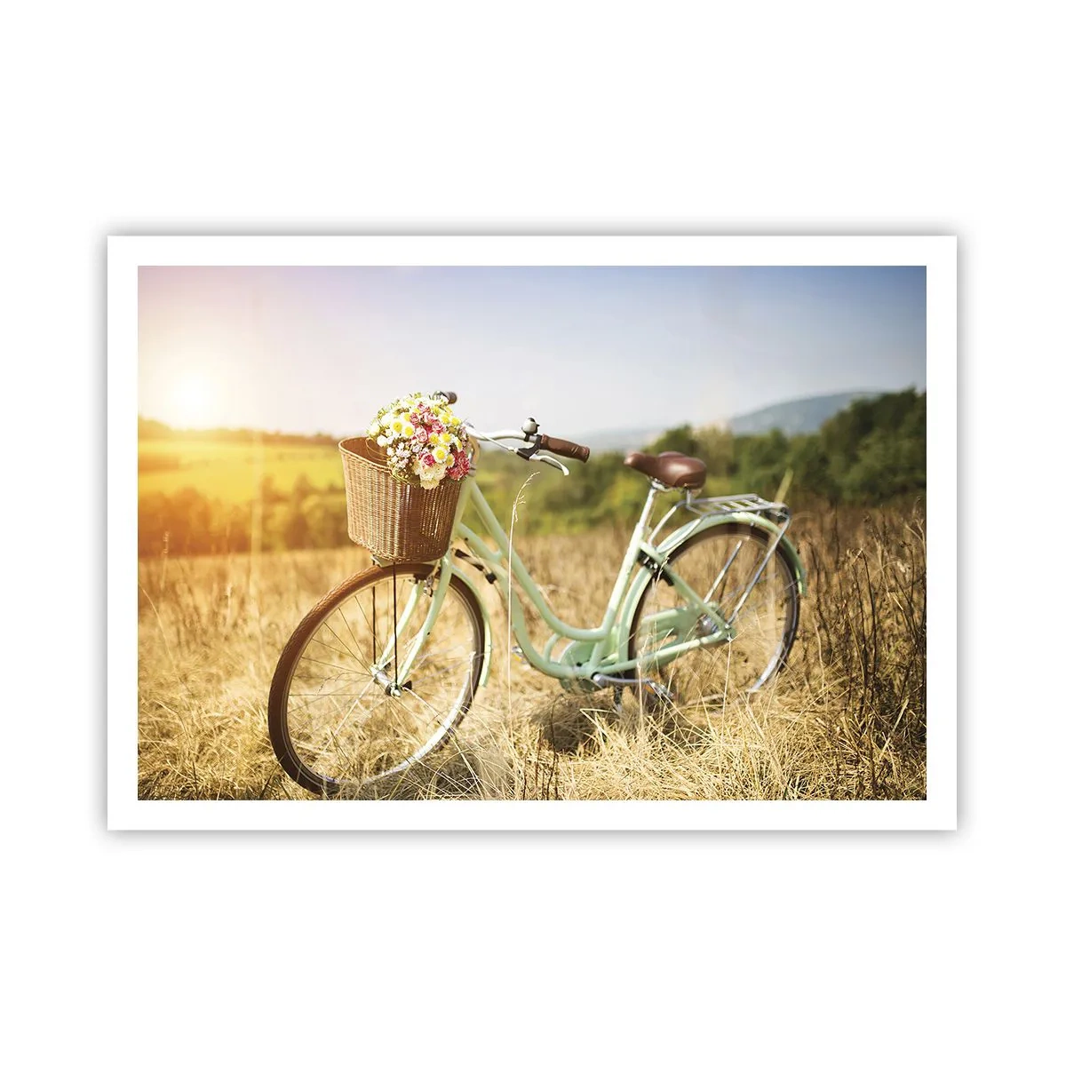 Affiche - Poster - Un vélo rétro avec un panier rempli de fleurs sur fond de prairie. - 100x70cm - Je vais rester un petit moment - Décoration murale moderne pour le salon et la chambre ARTTOR