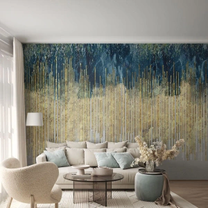 Papier Peint Photo Premium Sand - Lignes dorées sur un fond abstrait bleu marine-gris - 100x70cm - Bordure dorée - Décoration murale moderne pour le salon et la chambre ARTTOR
