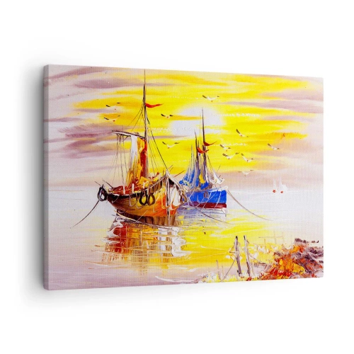 Impression sur toile - Image sur toile - Une scène picturale de bateaux sur une mer calme - 70x50cm - Un repos bien mérité au port - Décoration murale moderne pour le salon et la chambre ARTTOR