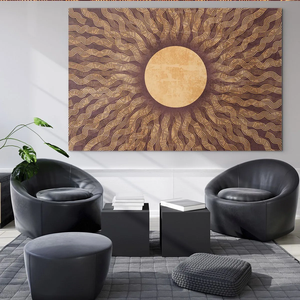 Impression sur verre - Image sur verre - Un soleil stylisé avec des rayons en forme de lignes ondulées sur un fond marron. - 120x80cm - Icône du soleil - Décoration murale moderne pour le salon et la chambre ARTTOR