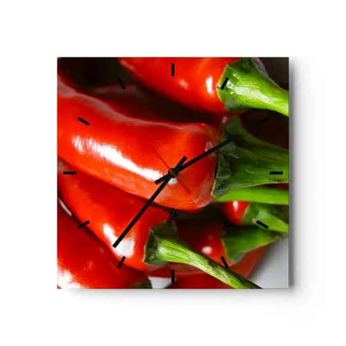 Horloge murale - Pendule murale - Gros plan de piments rouges avec des tiges vertes - 30x30cm - Juteux, brillant, lisse - Décoration murale moderne pour le salon et la chambre ARTTOR