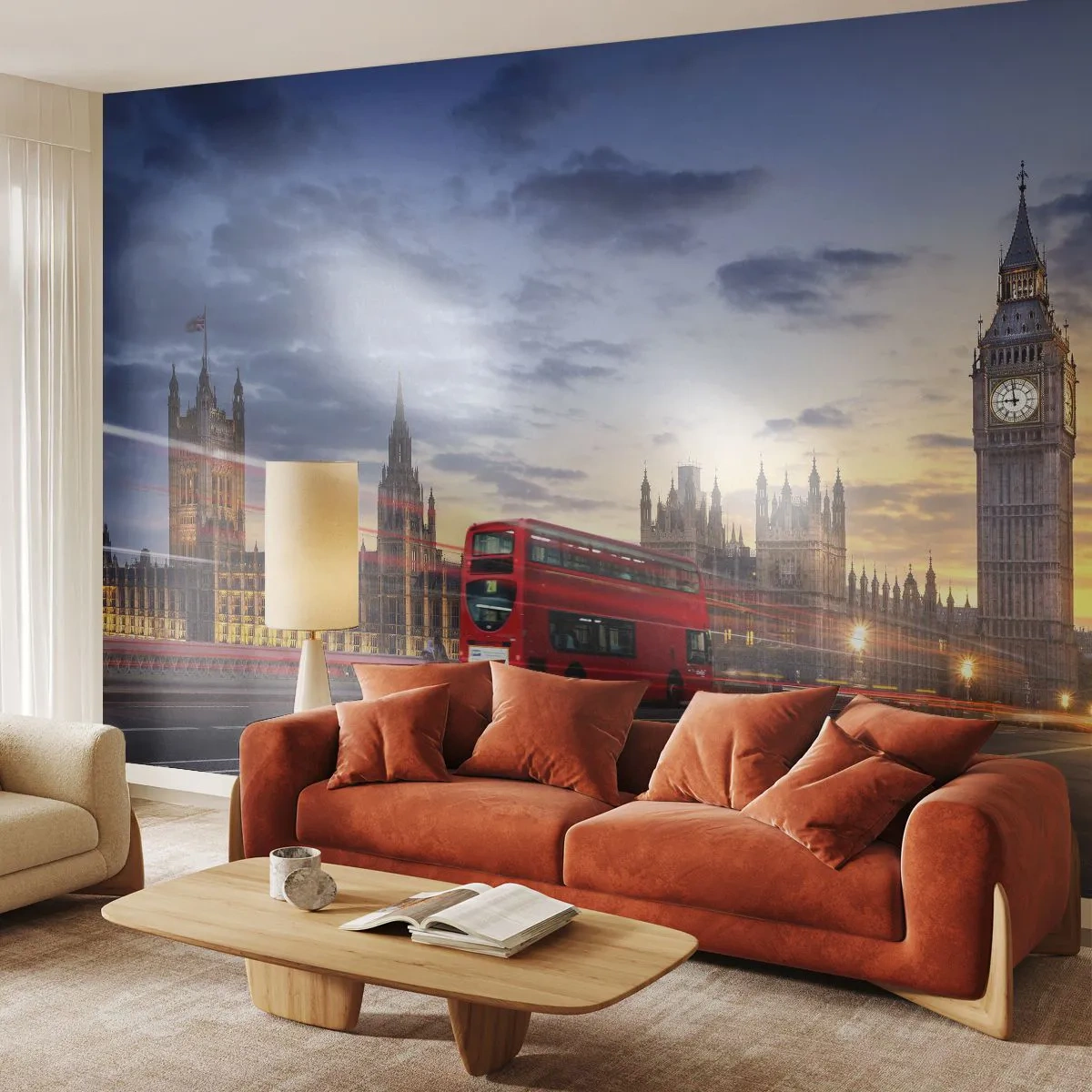Papier Peint Photo Premium Sand - Un bus londonien devant Big Ben au coucher du soleil - 100x70cm - Caractères spéciaux - Décoration murale moderne pour le salon et la chambre ARTTOR