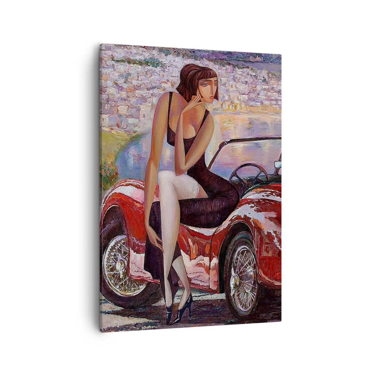 Impression sur toile - Image sur toile - Une femme près d'une voiture rouge avec une ville en arrière-plan - 50x70cm - L'été? Uniquement sur la Côte d'Azur - Décoration murale moderne pour le salon et la chambre ARTTOR