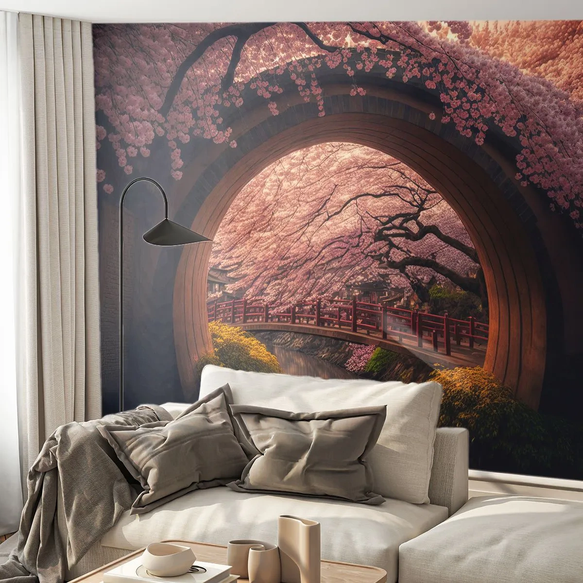 Papier Peint Photo Standard Eco - Printemps japonais - Pont, Japon, Cerise japonaise - 350x256 cm