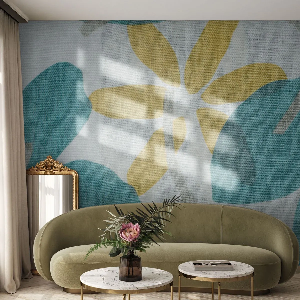 Papier peint sur mesure Premium Canvas - Wśród lazurowych liści - Bohème, Fleurs, Minimalisme