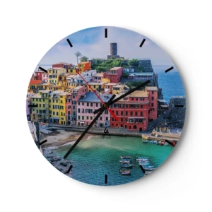 Horloge murale - Pendule murale - Une ville balnéaire colorée avec des bateaux dans l'eau turquoise - 30x30cm - Petite ville magique de méditerranée - Décoration murale moderne pour le salon, la cuisine et la chambre ARTTOR