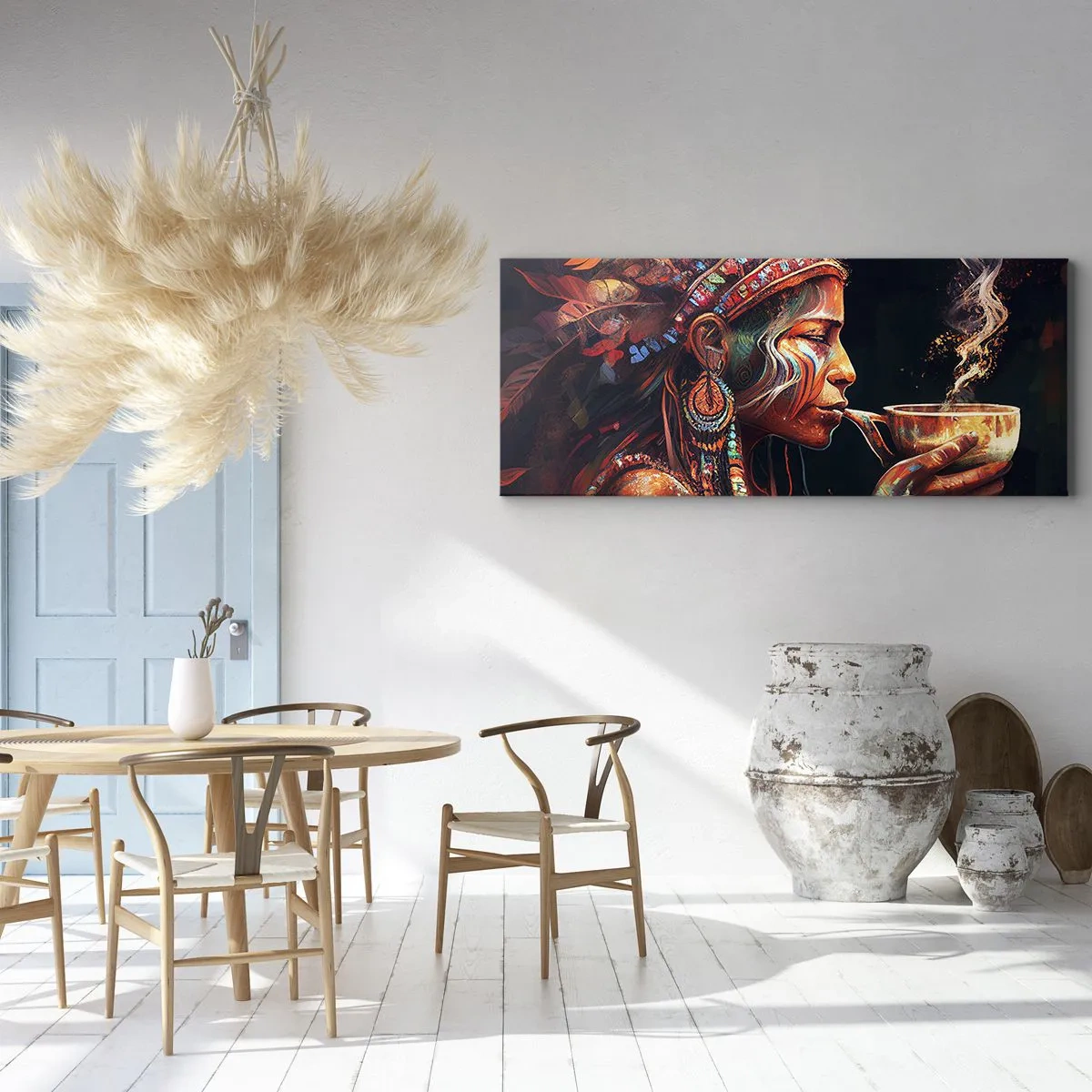 Impression sur toile - Image sur toile - Une figure colorée de style ethnique avec une tasse de boisson fumante - 160x50cm - Rituel magique - Décoration murale moderne pour le salon et la chambre ARTTOR